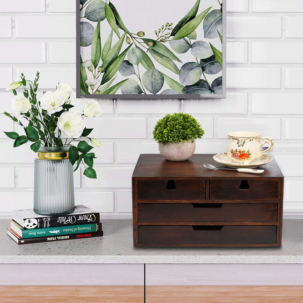 DEAYOU Bamboo Desk Organizer, Bamboo Storage Cabinet Box with 4 Drawer for Letter, Home, 3 Layer, Walnut Color DEAYOU