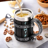Dicunoy Wooden Viking Beer Mug, 17 OZ Stainless Steel Viking Barrel Tankard Beer Cup with Handle, Father's Day Gift Bucket Mug Norse Mythology Gift for Men, Him, Husband, Viking Enthusiasts Dicunoy