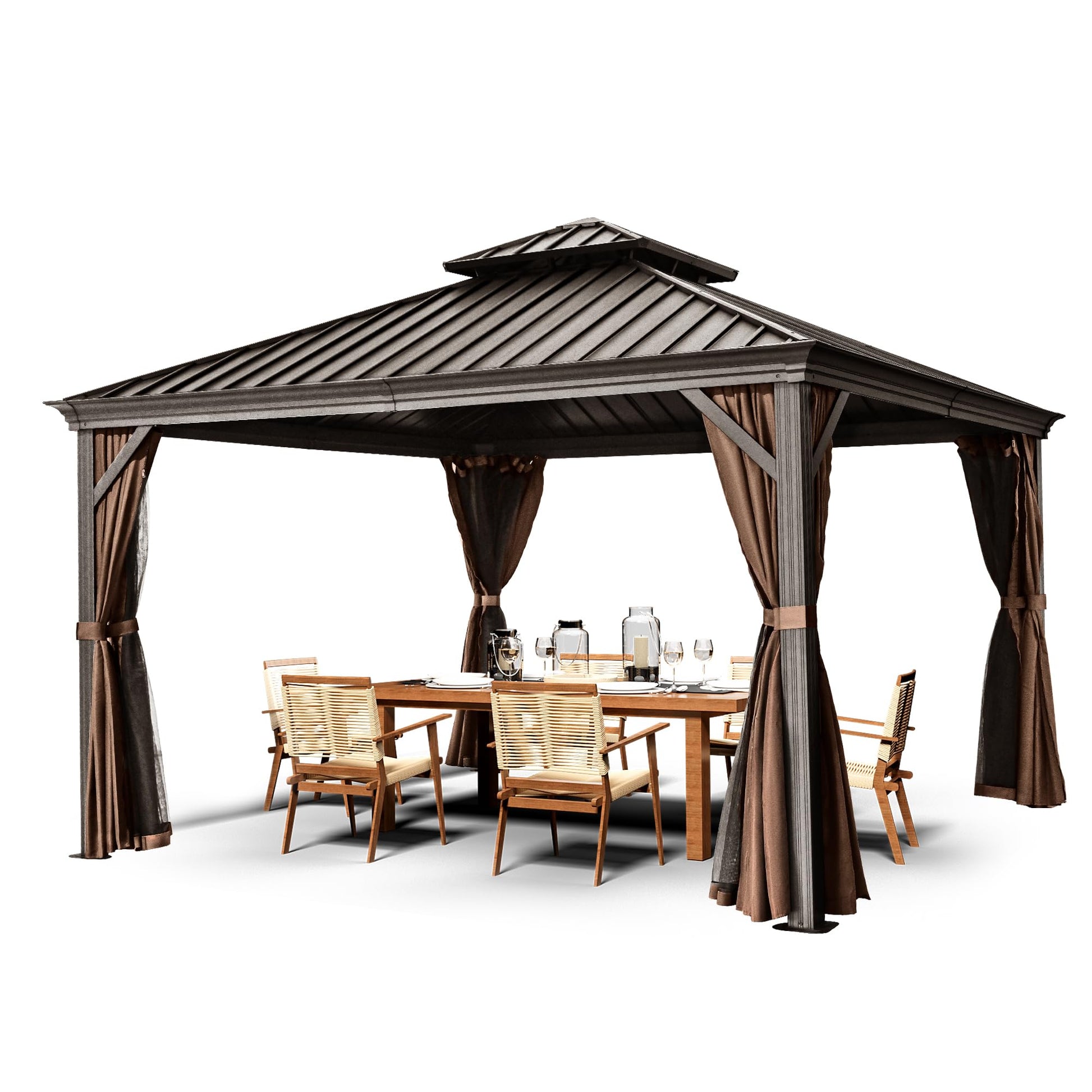 HAPPATIO 12' x 12' Hardtop Gazebo, Outdoor Aluminum Gazebo with Galvanized Steel, Double Roof Permanent Patio Metal Gazebo Canopy with Netting and Curtains for Garden, Patio, Lawns, Parties ( - WoodArtSupply