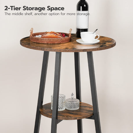 HOOBRO 2-Tier Rustic Brown Round Pub Table with Storage – 37.4" High Bistro Table for Small Spaces HOOBRO