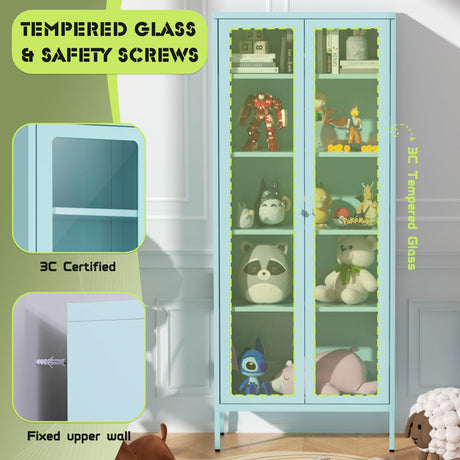 Crownland Metal Storage Cabinet with Glass Doors, Display Curio Glass Cabinet with 4 Adjustable Shelves, Tall Modern Office Storage Cabinets for Home Office, Living Room, Pantry(Light Blue) Crownland