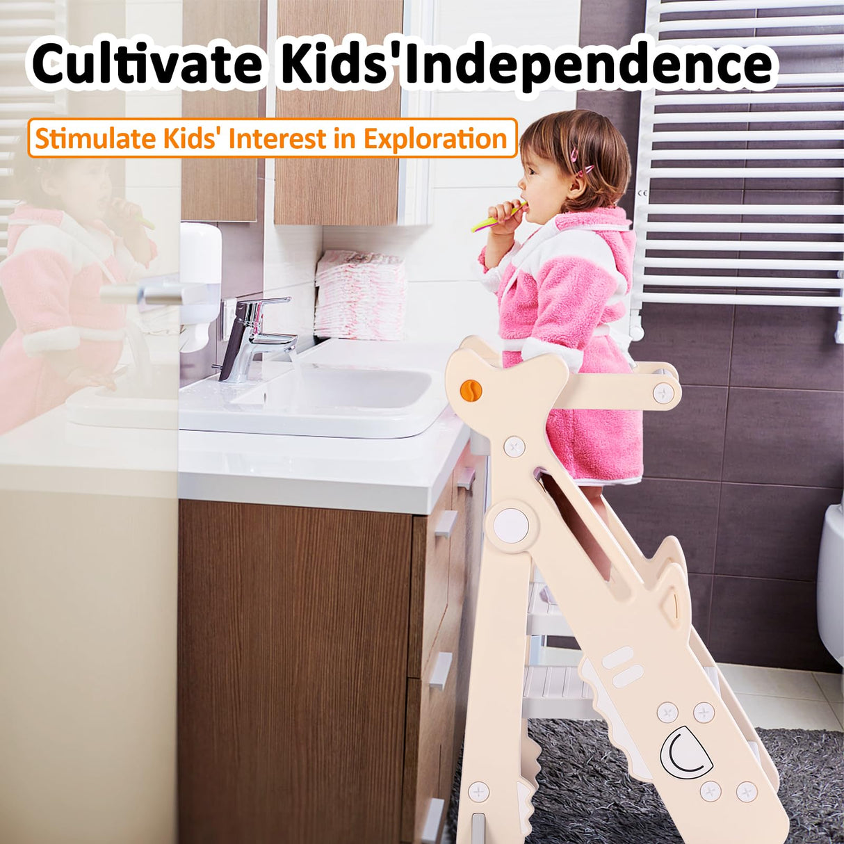 Toddler Kitchen Step Stool, Foldable Toddler Standing Tower for Toddler Kitchen Stool Helper - Adjustable Height Toddler Kitchen Stool, Removable Anti-Drop Railing Safety Rail HAPPYMATY