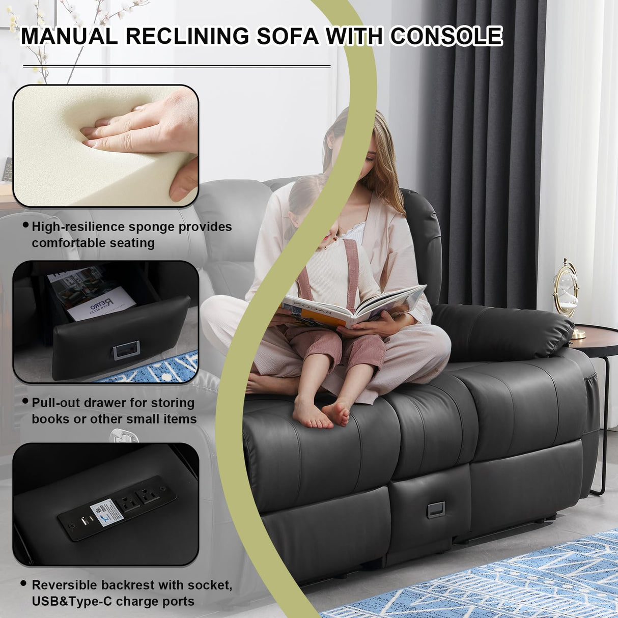 IBTKIG 72.8" Manual Reclining Loveseat Sofa - Wall Hugger Double Loveseat Recliner with Console, Fold-Down Table and Built-in Outlets, Manual Recliner Chair for Living Room RVs Home Theater (Black) IBTKIG