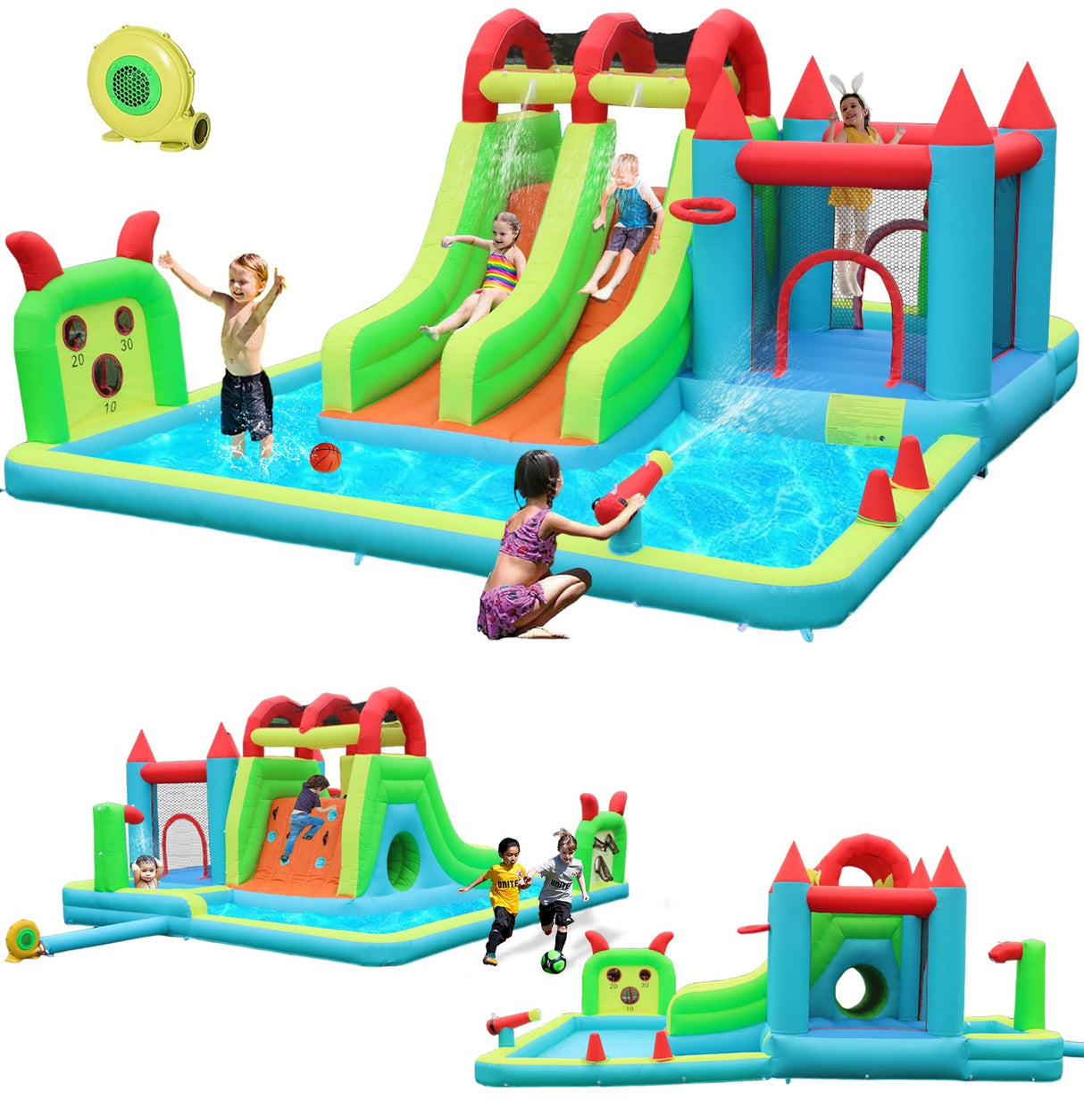 HIJOFUN Inflatable Water Slide Park 18x15FT Mega Water Park Bounce House w/Double Waterslide Large Splash Pool, Deep Pool, Shower,Water Cannon,Climbing Wall and Jumping Bouncer for Backyard Outdoor HIJOFUN