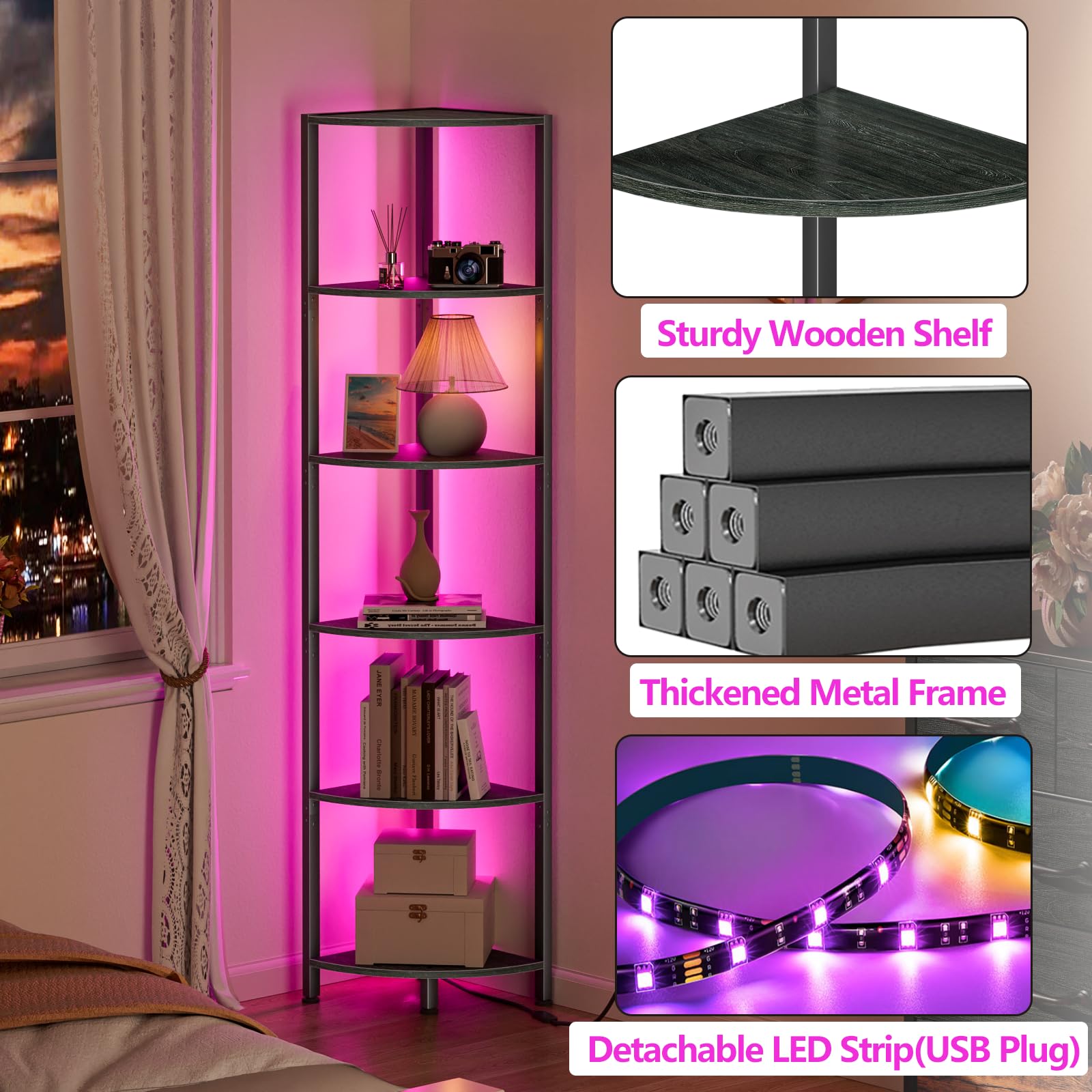 Furnulem 6 Tier LED Corner Shelf - 67.5” Tall Black Oak Storage and Display Unit - WoodArtSupply