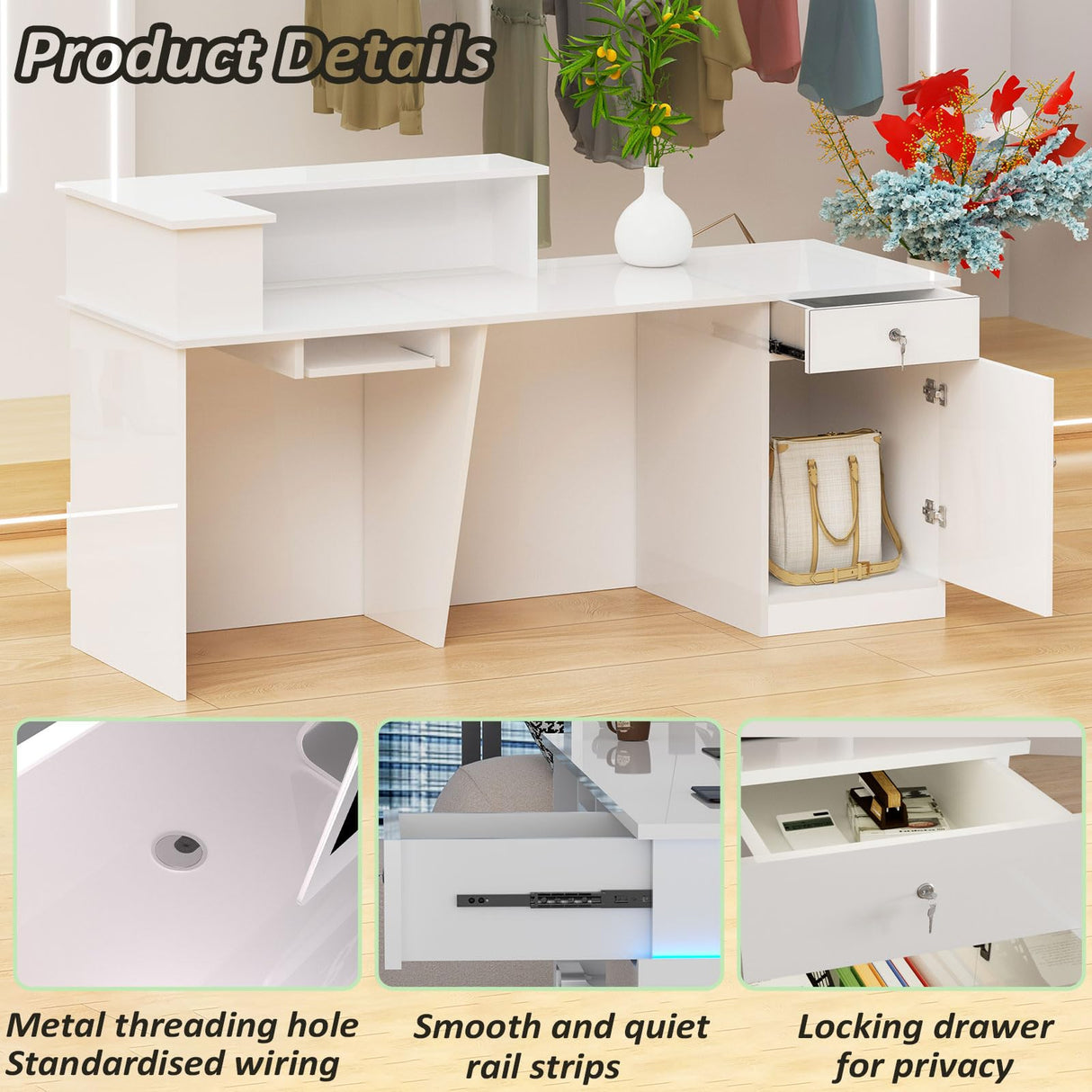 Reception Desk, Front Desk Receptionist Counter With Lockable Drawer & Cabinet & Keyboard Tray & Cable Grommet, With LED light, Retail Checkout For Office, Soho, Shop, Salon (All White - R, 63in) Nykto
