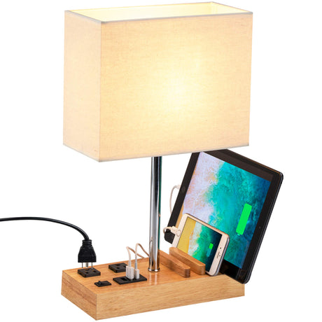 Dreamholder Desk Lamp with 3 USB Charging Ports, Table Lamp with 2AC Outlets and 3 Phone Stands, Nightstand Bedside Lamp with Natural Wooden Base and Cream Linen Shade Dreamholder