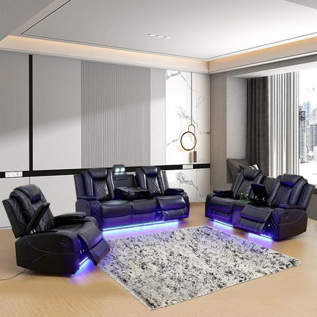 AYCP Multifunction Power Air Leather Recliner Sofa Set with LED Lights, Living Room Furniture, Reclining Sofa, loveseat, Chair with USB Port/Storage Console/Cup Holders (Black, 3 Pieces) AYCP