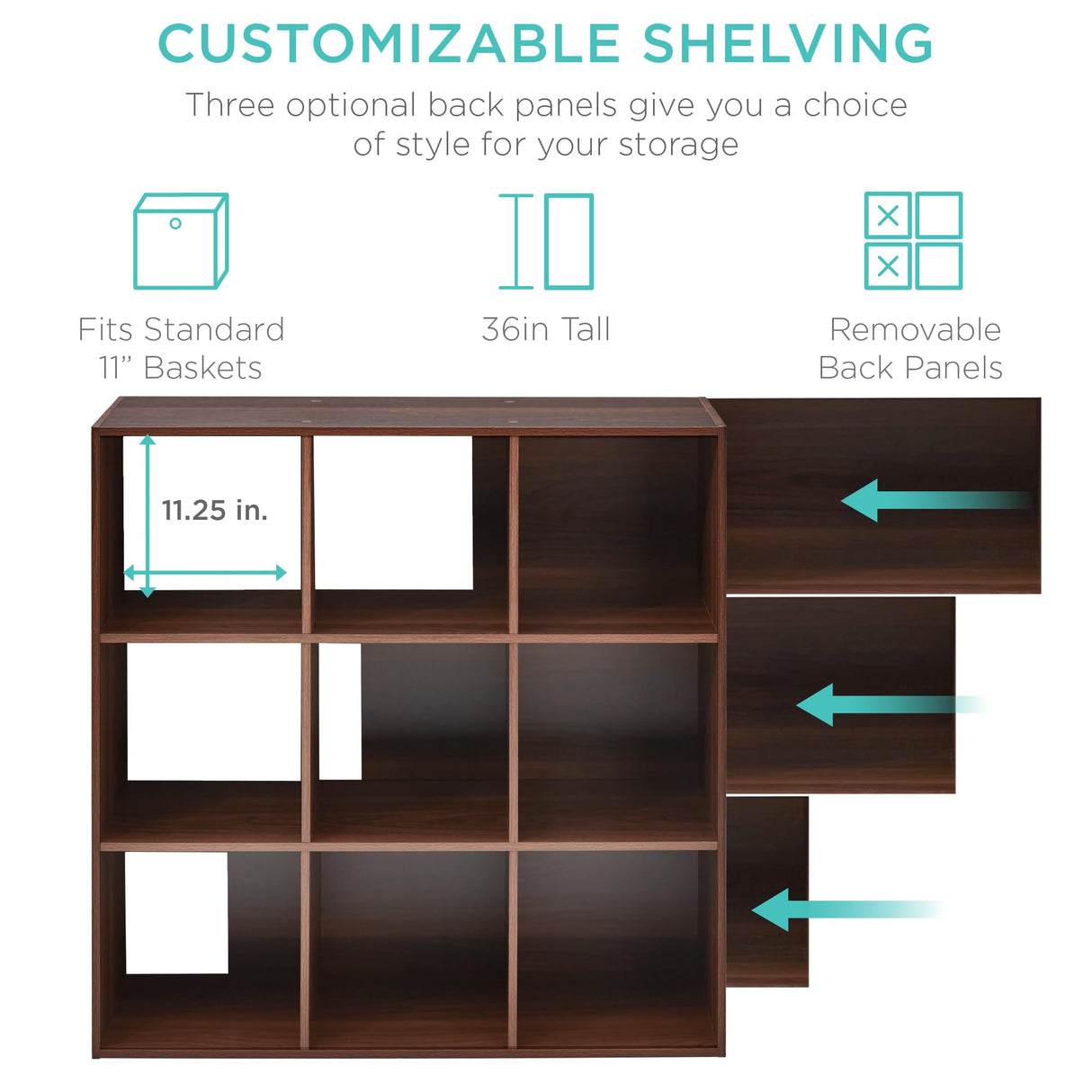 Best Choice Products 9-Cube Storage Organizer, 11in Shelf Opening, Bookcase, Display Shelf, Customizable w/ 3 Removable Back Panels - Walnut Best Choice Products