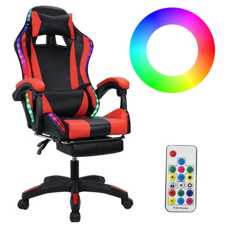 Gaming Chair Bluetooth Speakers RGB LED Lights Office Chair High Back Computer Chair Leather Desk Chair with Footrest Adjustable Swivel Video Game Chair with Headrest and Massage Lumbar Support (Red) leasote