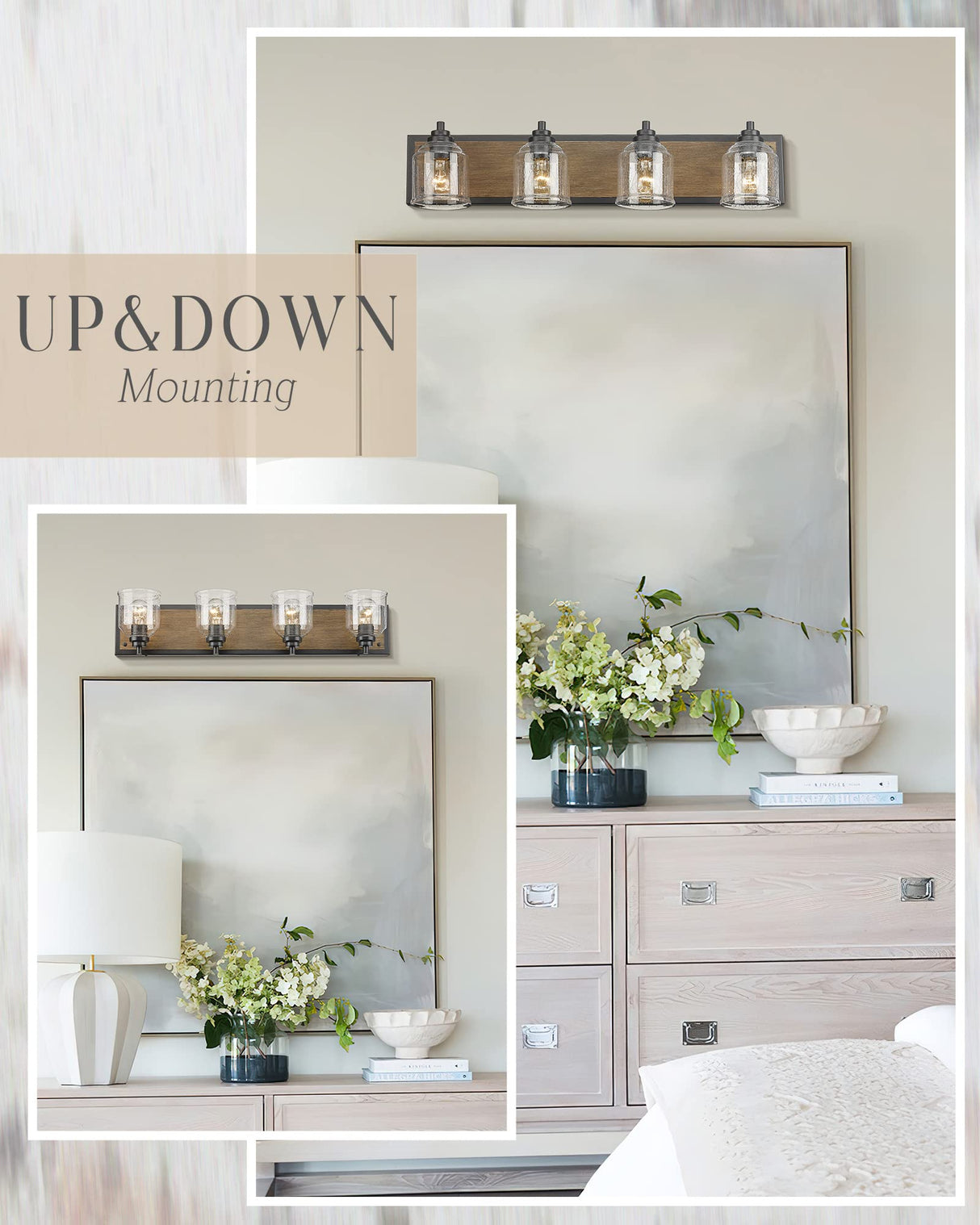 YKLITG 31.5 inch Farmhouse Bathroom Vanity Light Fixture, 4-Light Dark Wood Rustic Vanity Light with Seeded Glass Shades for Bathroom, Over Mirror, Living Room BD005-4-DW YKLITG