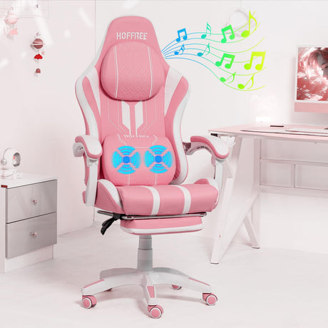 HOFFREE Pink Gaming Chair Massage with Speakers Bluetooth Cute Video Game Chair with Footrest Big and Tall Reclining Computer Game Chair for Girls HOFFREE