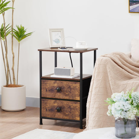 LOAKEKEL Night Stand Set 2, Nightstand with Charging Station, End Tables with Storage Shelf for Small Spaces, Bedside Table Side Tables with 2 Fabric Drawers for Bedroom, Rustic Brown, HETS020PBR LOAKEKEL
