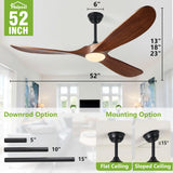 Haipeel 52 Inch Outdoor Ceiling Fans with Lights, Dimmable Solid Wood Ceiling Fan with Light and Remote Control Modern 3 Blades Propeller Ceiling Fans DC Motor for Patios Indoor Bedroom, Dark Walnut Haipeel