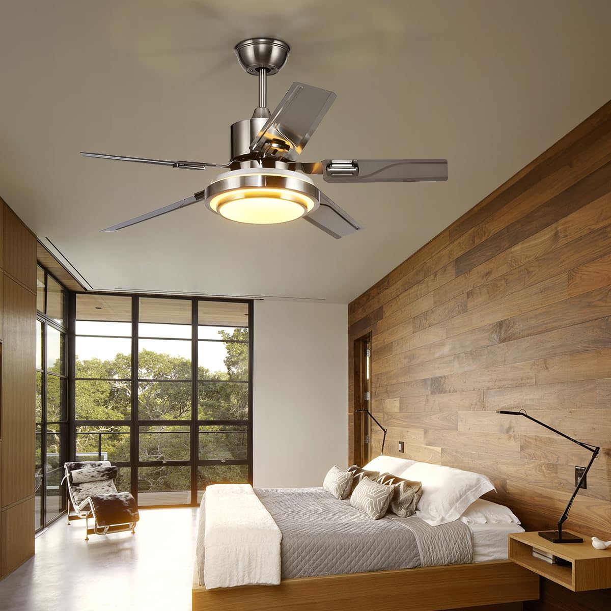 Fandian 48" Modern Ceiling Fans with Lights Remote Control Reversible Fan, Stainless Steel Blades, 3 speeds and 3 Color Changes Lighting Fixture with LED Board for Bedroom Living Room Fandian