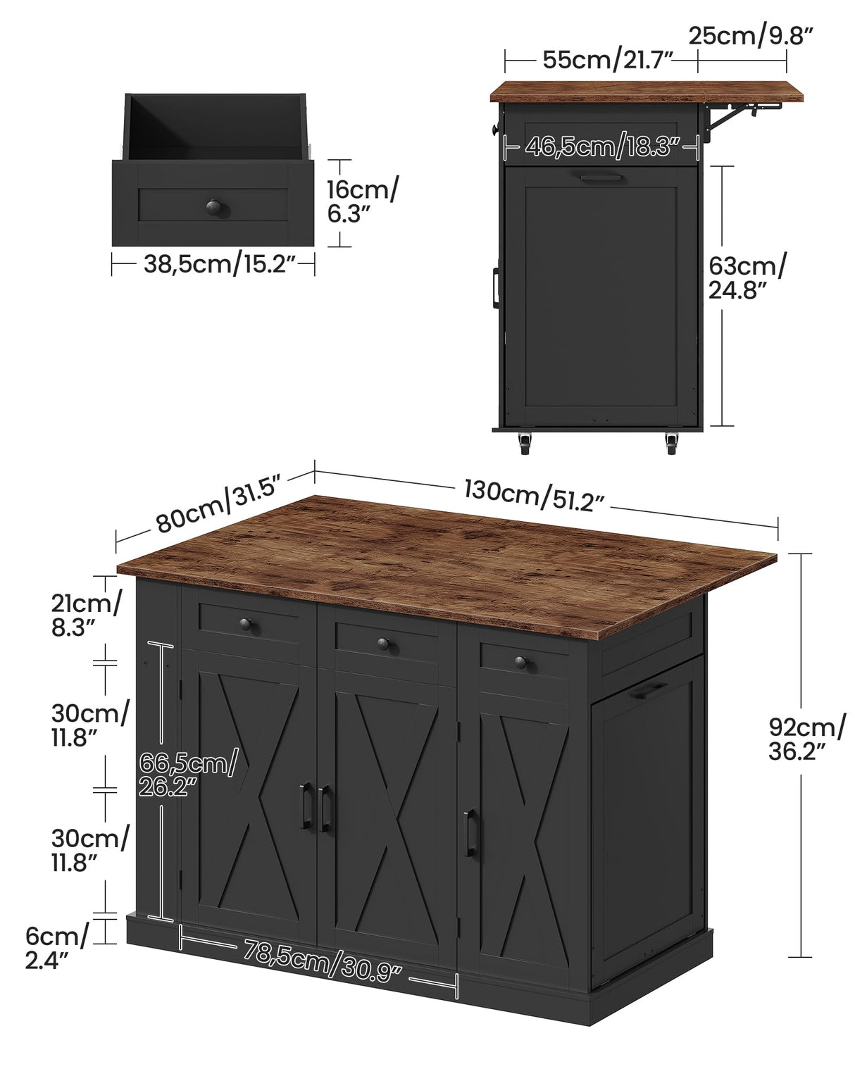 CHOEZON 51.2" Movable Kitchen Island Table with Foldable Top, Kitchen Island Cart with Storage, Trash Bin Cabinet, 2 Drawers, Spice Rack, Shelf Adjustable, Black and Rustic Brown MZD03BF CHOEZON