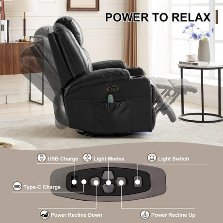 DUNELLA Power Swivel Rocker Recliner Chair for Adults with Heat and Massage, LED Lights, USB and Type-C Ports, Electric Glider Recliner Nursery Chair for Living Room(Black, Single Sofa) DUNELLA