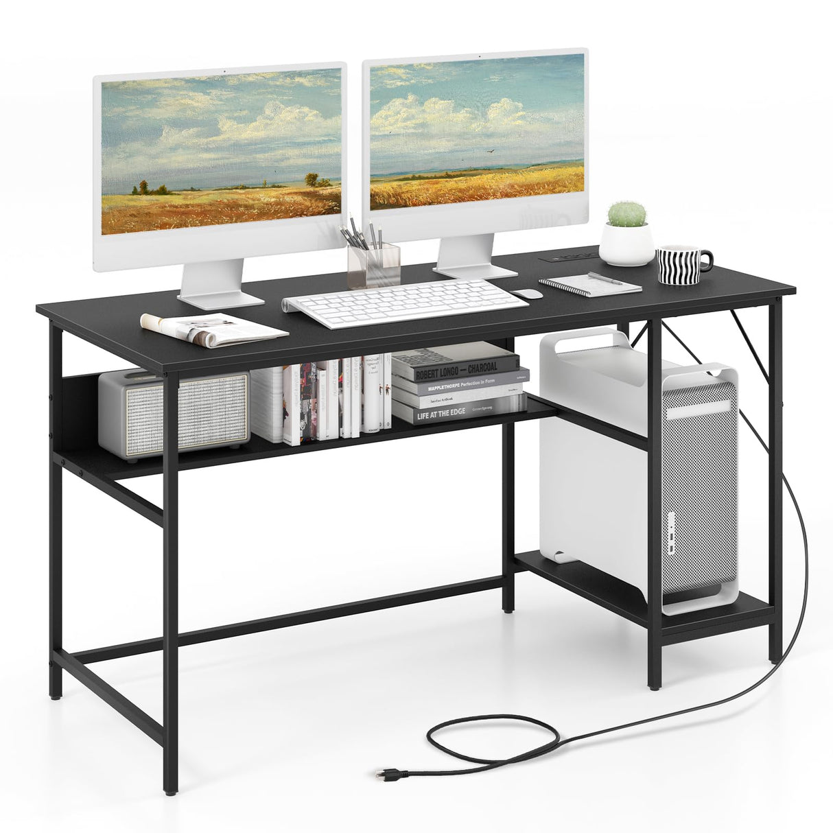 Tangkula 55 Inch Computer Desk with 4 Power Outlets & 2 USB Ports, Home Office Desk with Built in Charging Station with Switch, Computer Workstation Writing Study Desk with Storage Shelf & CPU Stand Tangkula