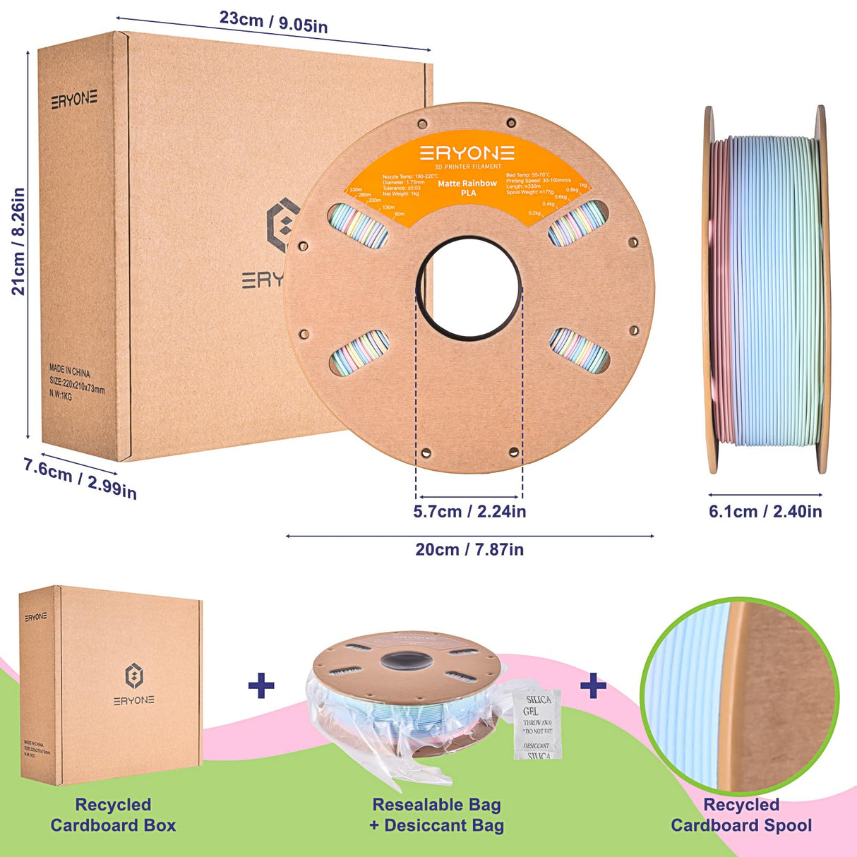 ERYONE Matte Rainbow 3D Printer PLA Filament 1.75 +/- 0.03mm, Matte Muticolor Filament PLA 1KG(2.2LBS) Spool, Matte Macaron Rainbow ERYONE
