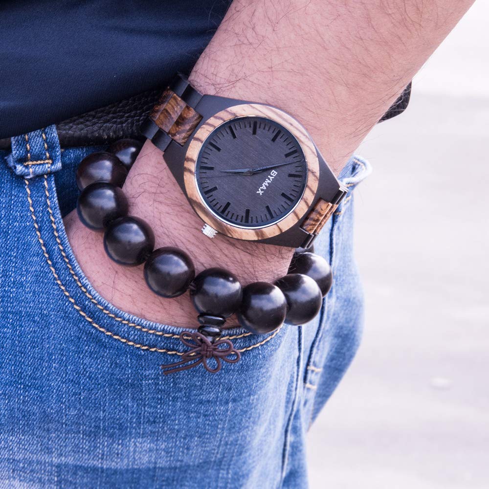 BYMAX Men Wood Watch Quartz, Fashion Handmade Wooden Wrist Watches Mens, Zebra Black BYMAX