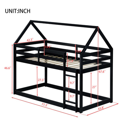 Twin Over Twin House Bunk Bed for Kids,Twin Size Low Bunk Beds with Ladder,Floor Bunk Bed Twin Over Twin,Solid Bunk Bed for Girls Boys,Black