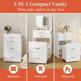 PulseFay Compact Vanity with 3 Drawers, 3 in 1 Vanity Desk, Makeup Desk with Flip-up 3 Colors Lighting Mirror and Cushioned Stool, Small Vanities Nightstand Perfect for Bedroom, White PulseFay