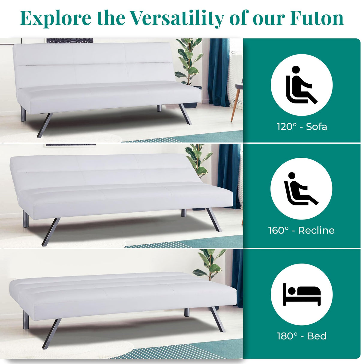 Naomi Home Faux Leather Futon Couch, Modern Convertible Folding Sofa Bed Couch Futon Sofa Bed with Chrome Legs, Reclining Mini Couch, Leather Futon Small Couch for Bedroom Living Room White Naomi Home