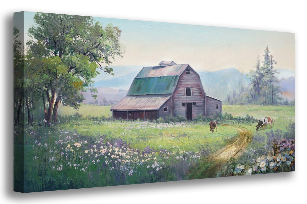 Acocifi Large Farmhouse Wall Decor Barn Cow Picture Canvas Wall Art Nature Flowers Landscape Painting, Green Scenery Textured Artwork Framed for Living Room Bedroom Bathroom Office Home Decor 40"x20" Acocifi