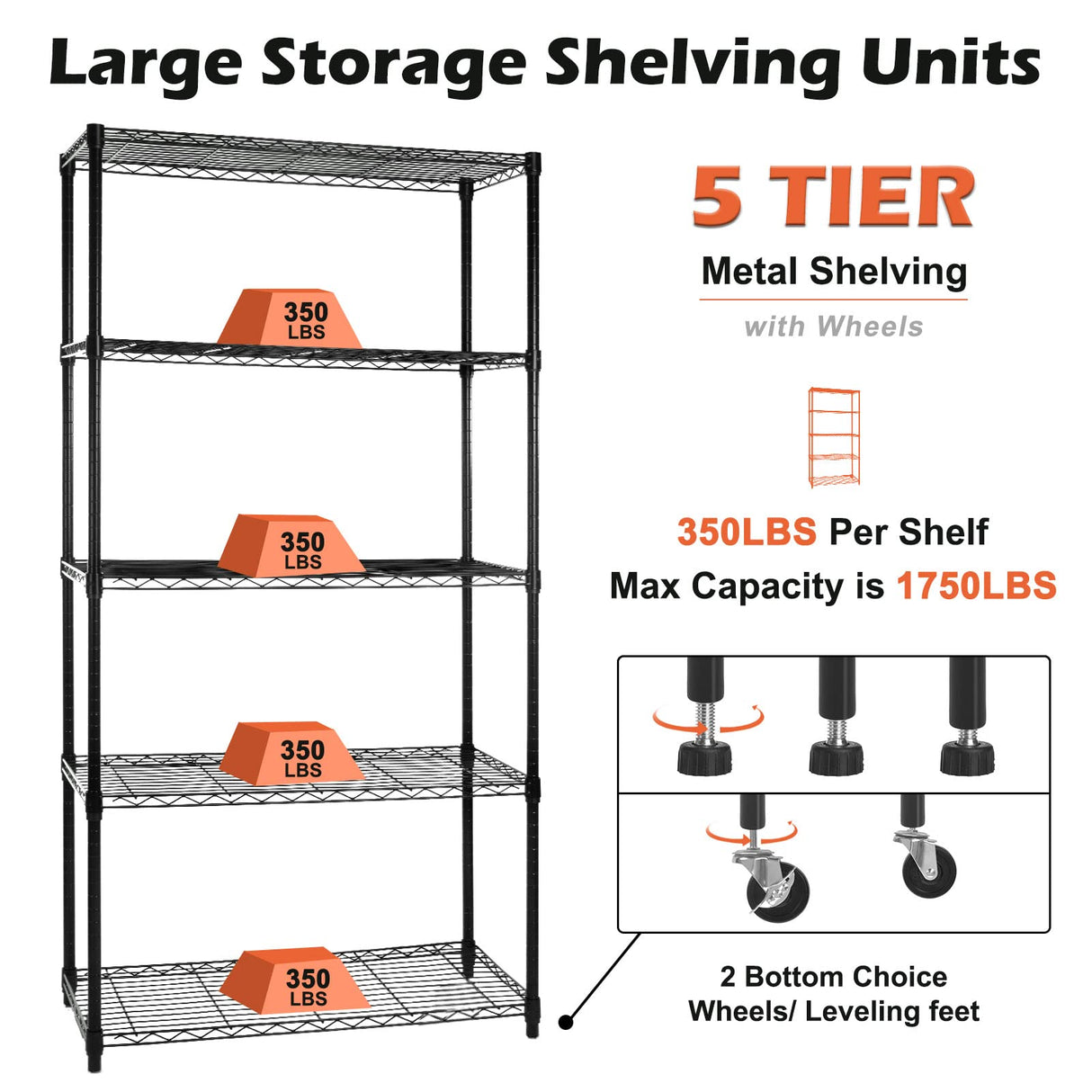 WDT 5 Tier Shelf Shelving Unit with Wheels,Adjustable Metal Shelves for Storage, NSF Wire Shelving Rack,350lbs Loading Capacity Per Shelf Storage Shelves for Kitchen Garage, 36" D x 16" W x 75" H WDT