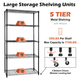 WDT 5 Tier Shelf Shelving Unit with Wheels,Adjustable Metal Shelves for Storage, NSF Wire Shelving Rack,350lbs Loading Capacity Per Shelf Storage Shelves for Kitchen Garage, 36" D x 16" W x 75" H WDT