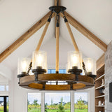 Farmhouse Wagon Wheel Chandelier 6-Light, Round Wood Chandelier with Seeded Glass Shade, Rustic Wood Chandeliers Hanging Pendant Light for Dining Room Living Room Kitchen Foye TEINIE
