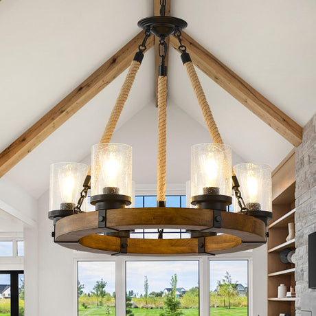 Farmhouse Wagon Wheel Chandelier 6-Light, Round Wood Chandelier with Seeded Glass Shade, Rustic Wood Chandeliers Hanging Pendant Light for Dining Room Living Room Kitchen Foye TEINIE