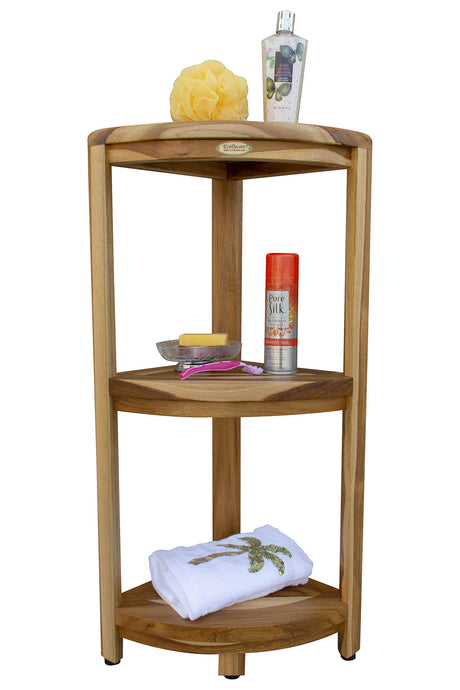 EcoDecors Snazzy Corner Natural ColorThree Tier Shelf Waterproof Teak Wood Shower Bench Stool Seat Chair For Inside Shower Provides Safety, Storage and Organization For Bathroom Accessories EcoDecors