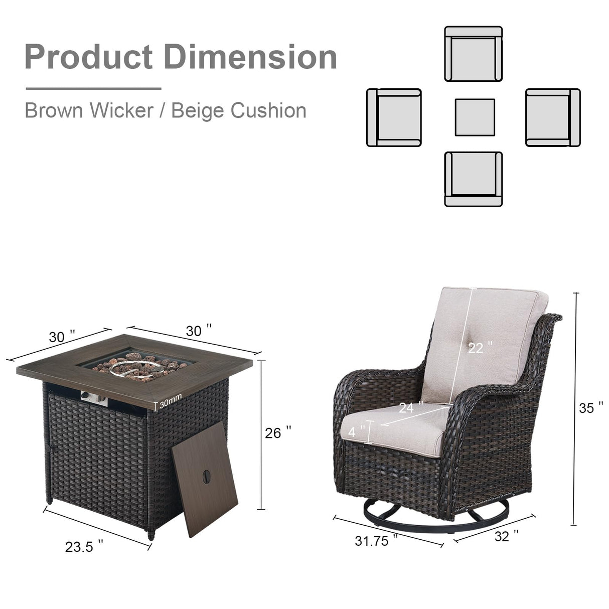 Belord 5 Pieces Patio Wicker Furniture Set - 4 Outdoor Swivel Rocker Glider Chairs with Propane Fire Pit Table, Warm Patio Conversation Set Beige Cushion Perfect for Casual Gathering Belord