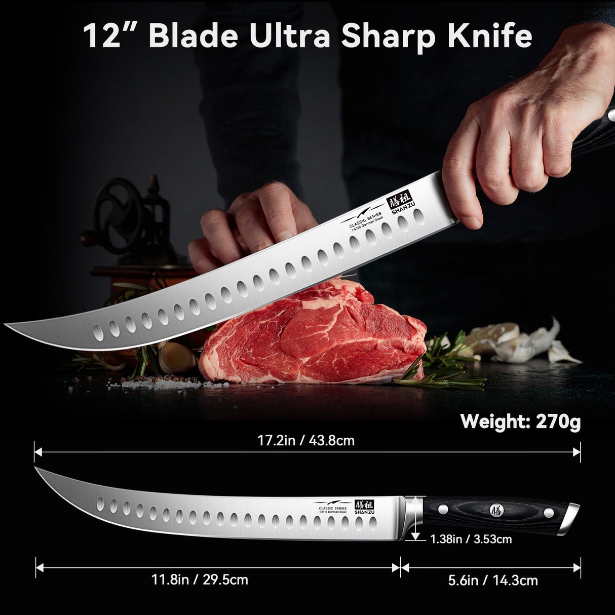 SHAN ZU 12" Carving Slicing Knife - Brisket Slicing Meat Knife Professional German 1.4116 Stainless Steel Razor Sharp Blade, Ergonomic Wood Handle & Full Tang Design, Gift Box Included SHAN ZU