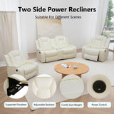 GEBADOL Leather Power Recliner Set with LED, 3-Piece Recliner Sofa and Loveseat Chair with Storage Console/Charging Port, Modern Reclining Furniture for Living Room (Cream-White, Sofa+2 Chairs) GEBADOL