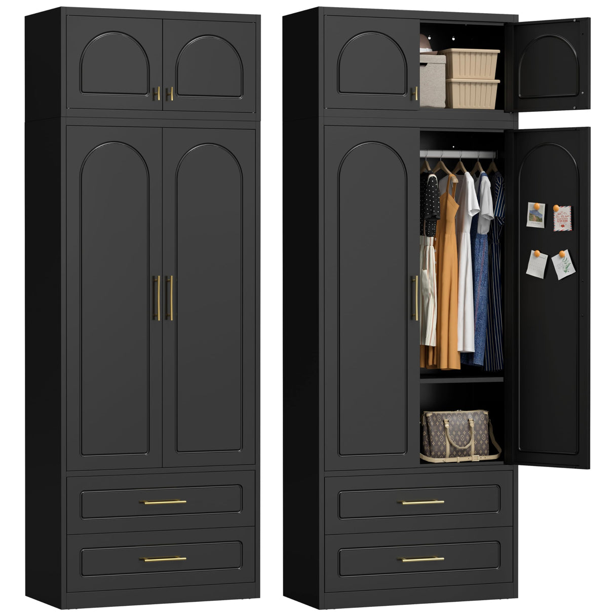 UNICOLY 86" Wardrobe with Drawers, 71'' Armoire Wardrobe Closet with 15" Cabinet, Metal Clothes Storage Cabinet with Hanging Rod, for Bedroom School, Employee, Gym, Assembly Required, Black UNICOLY