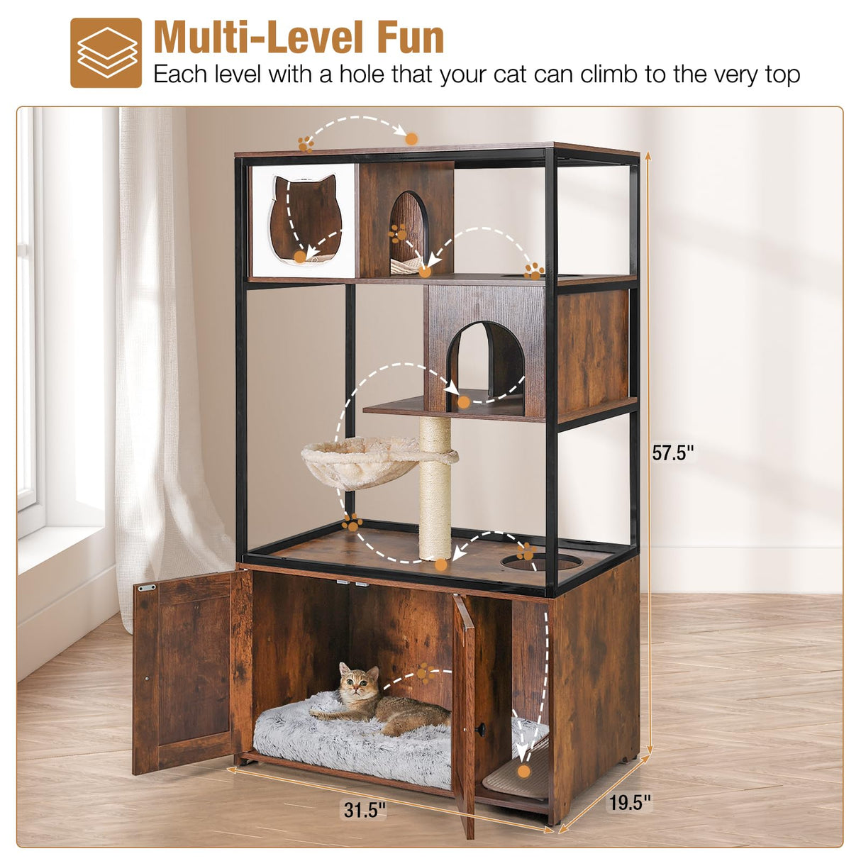 Cat Litter Box Furniture Enclosure 4 Levels Cat Tree Hidden Cabinet with Storage and Scratch,4 Tiers GUTINNEEN