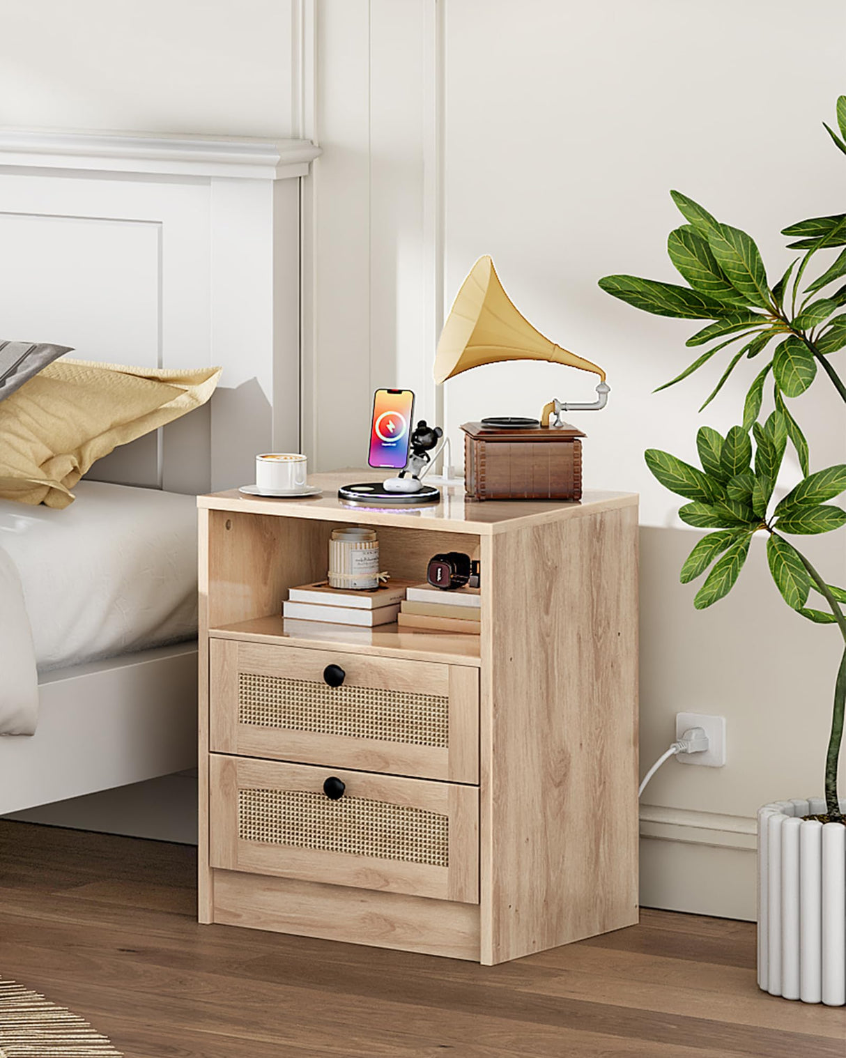 CHOEZON Rattan Nightstand, Boho Side Table, Bedside Table with Charging Station and 2 Drawers, Engineered Wood End Table, for Bedroom, Study, Natural MBZ07UNL CHOEZON