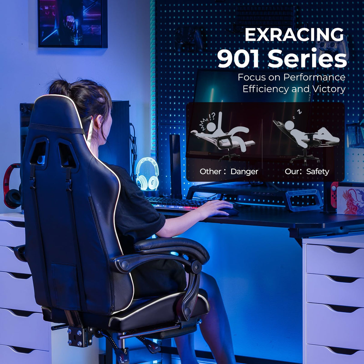 EXRACING Gaming Chair Ergonomic Computer Chair with Footrest and Lumbar Support, Height Adjustable High Back Leather Office Chair, 360° Swivel with Linked Armrest, for Adult and Teen (White) EXRACING