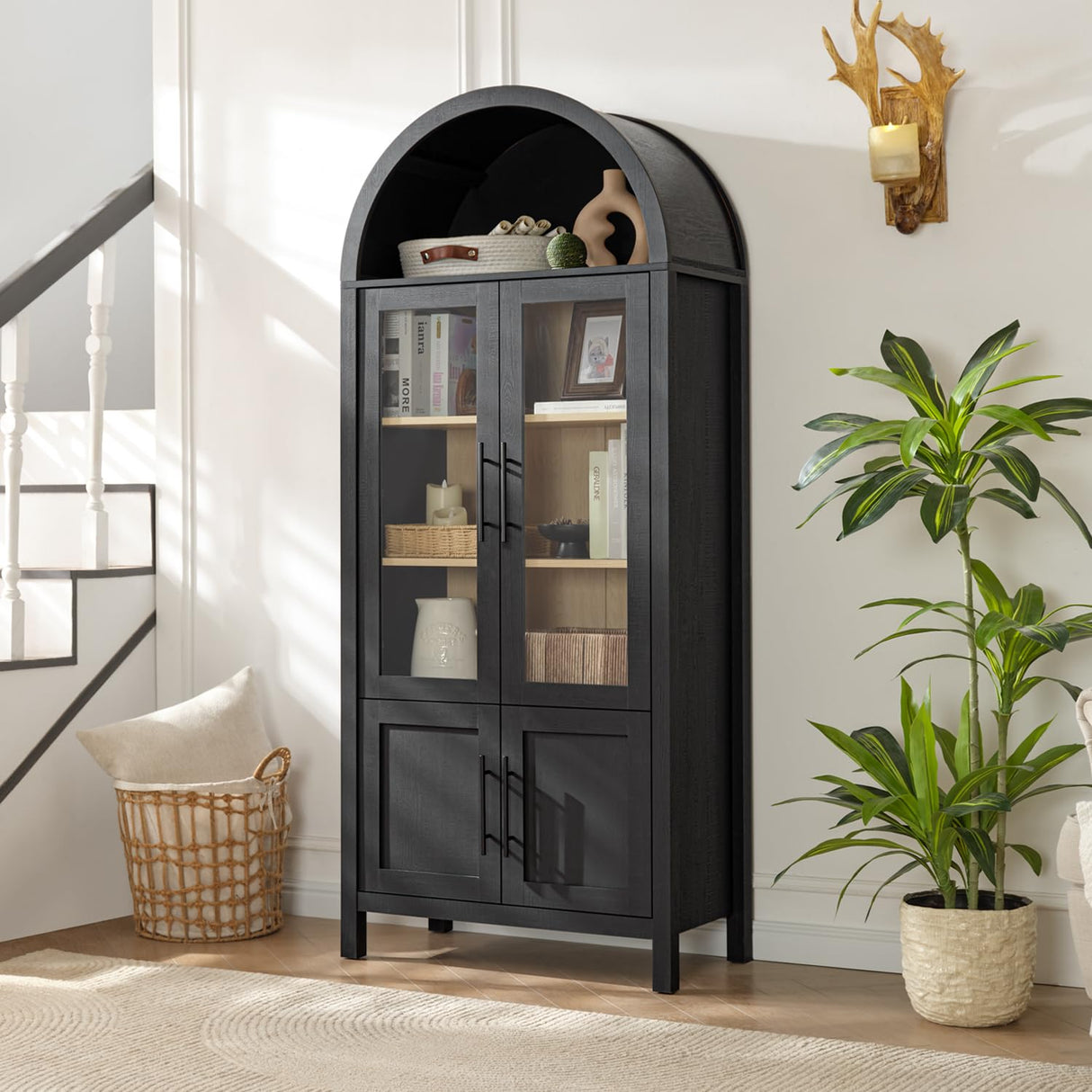 WINWY 71" Tall Arched Display Cabinet, 5-Tier Bookshelf Modern Farmhouse Arched Bookcase with Glass Doors and Shelves, Wooden Pantry Storage Cabinet for Living Room, Office and Kitchen, Black WINWY