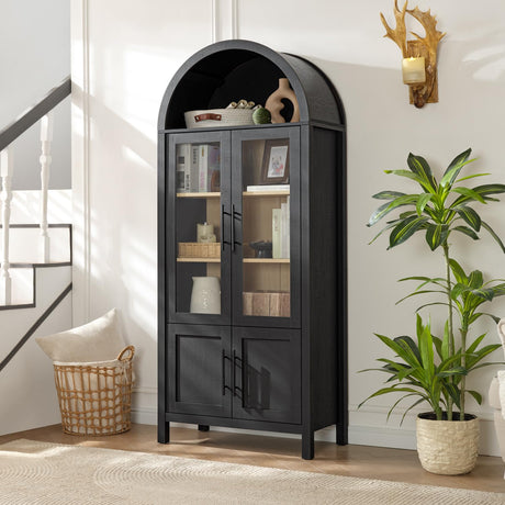WINWY 71" Tall Arched Display Cabinet, 5-Tier Bookshelf Modern Farmhouse Arched Bookcase with Glass Doors and Shelves, Wooden Pantry Storage Cabinet for Living Room, Office and Kitchen, Black WINWY