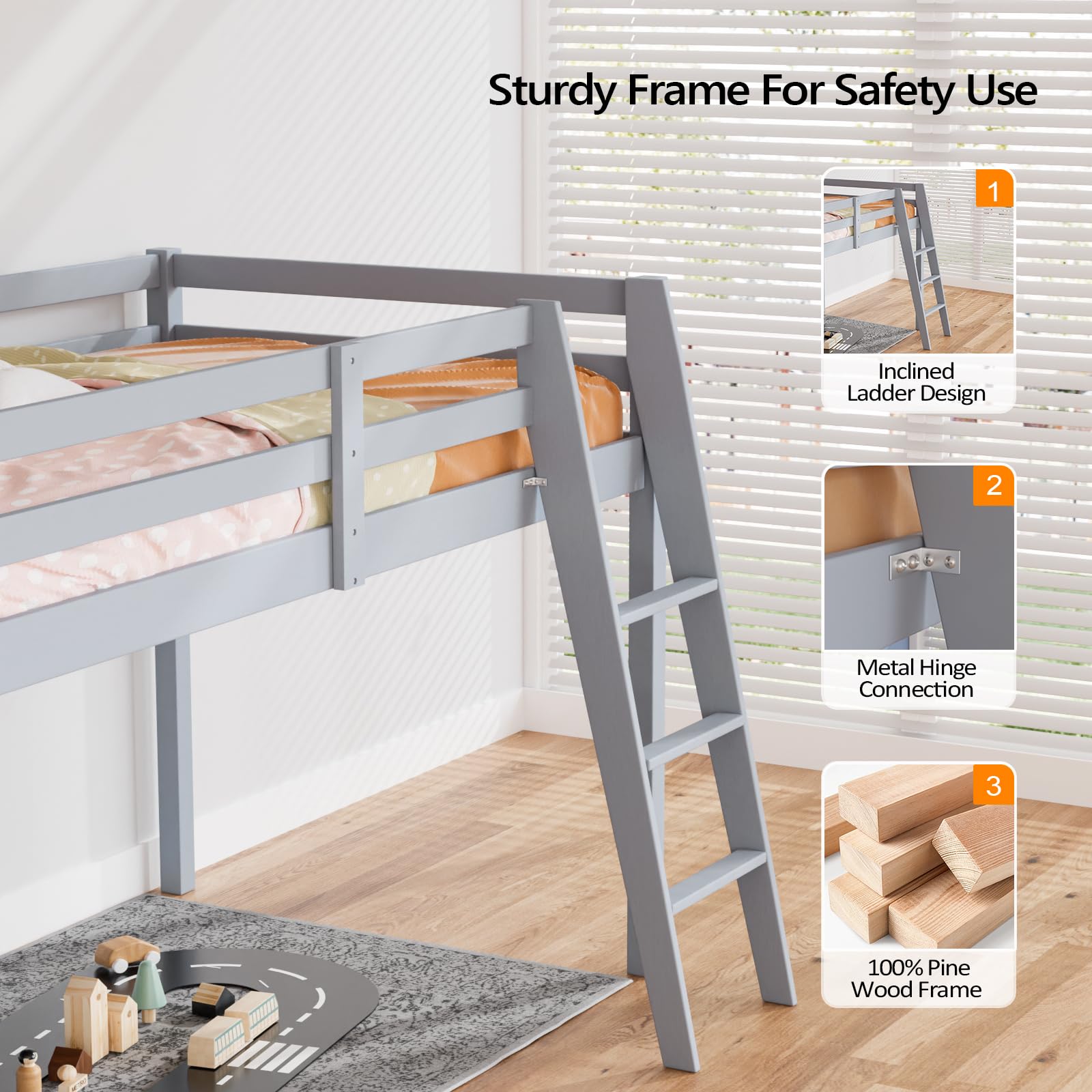 Bonnlo Grey Low Loft Bed Full Size with Inclined Stairs and High Guard Rail for Kids and Teens - WoodArtSupply