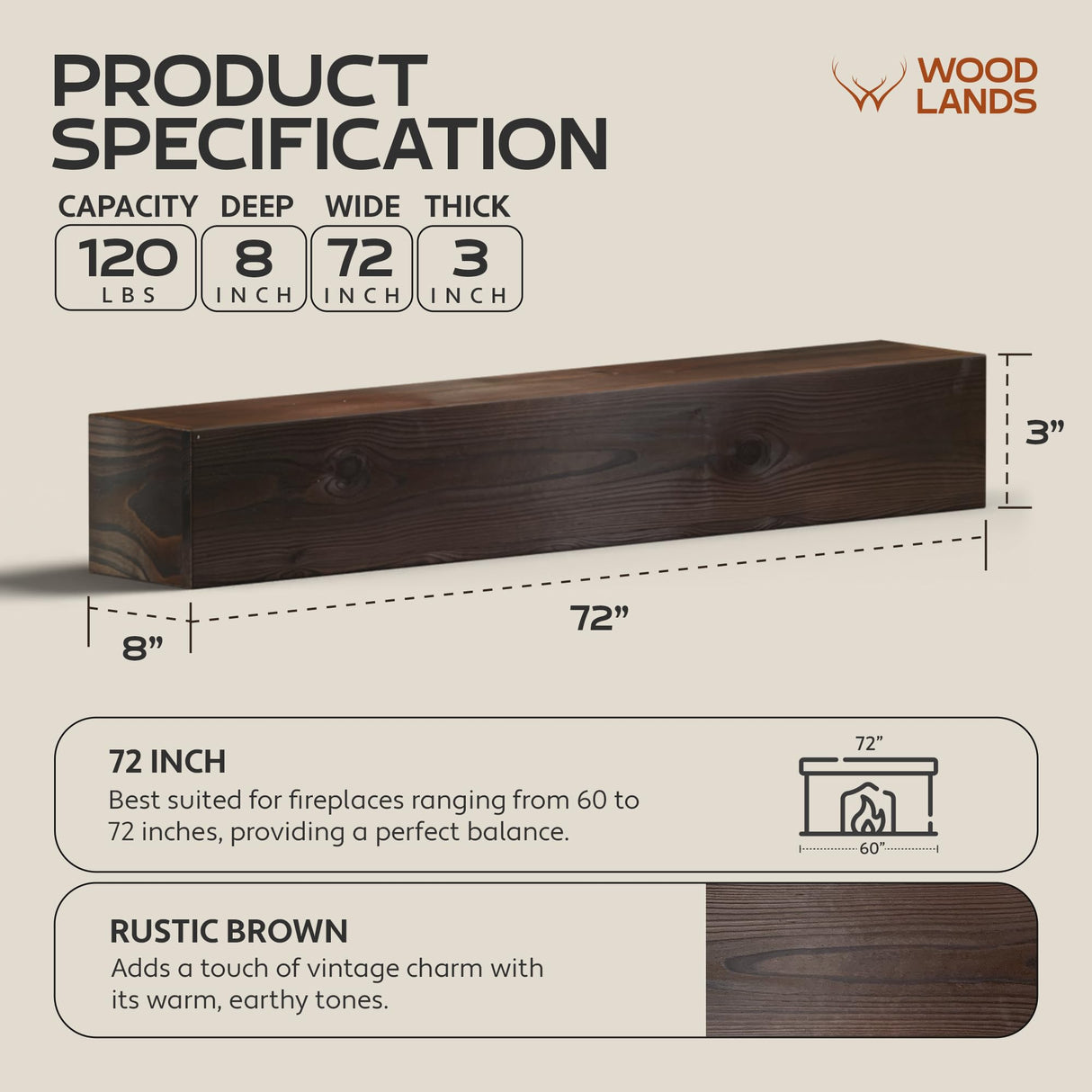 Woodlands-USA 72 Floating Fireplace Mantel Wood Shelf, Handcrafted Mantels For Over Fireplace, 72 Inches Farmhouse Wall Mounted Mantle Shelf, Wooden Fireplace Mantel Shelves, 72 Inch Rustic Brown X8X3 WOODLANDS USA