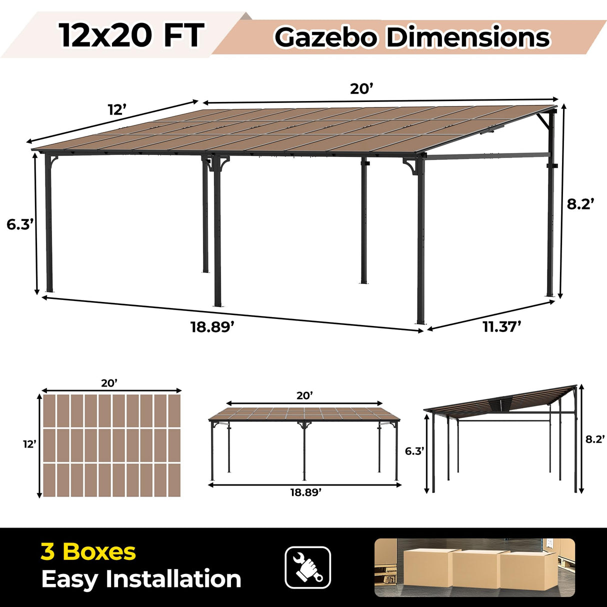 12' x 20' Gazebo for Patio, Large Wall Mounted Gazebos Pergola with Metal Frame, Hard Top Lean to Pergola, Outdoor Patio Lean to Metal Awnings Gazebos for Deck, Porch, Backyard Reljofum