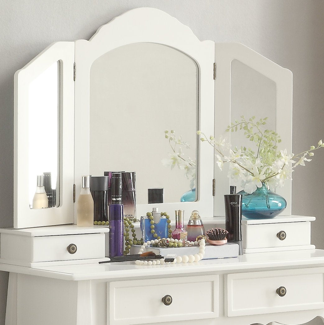 Roundhill Furniture Sanlo Wooden Vanity | Make Up Table and Stool Set | White