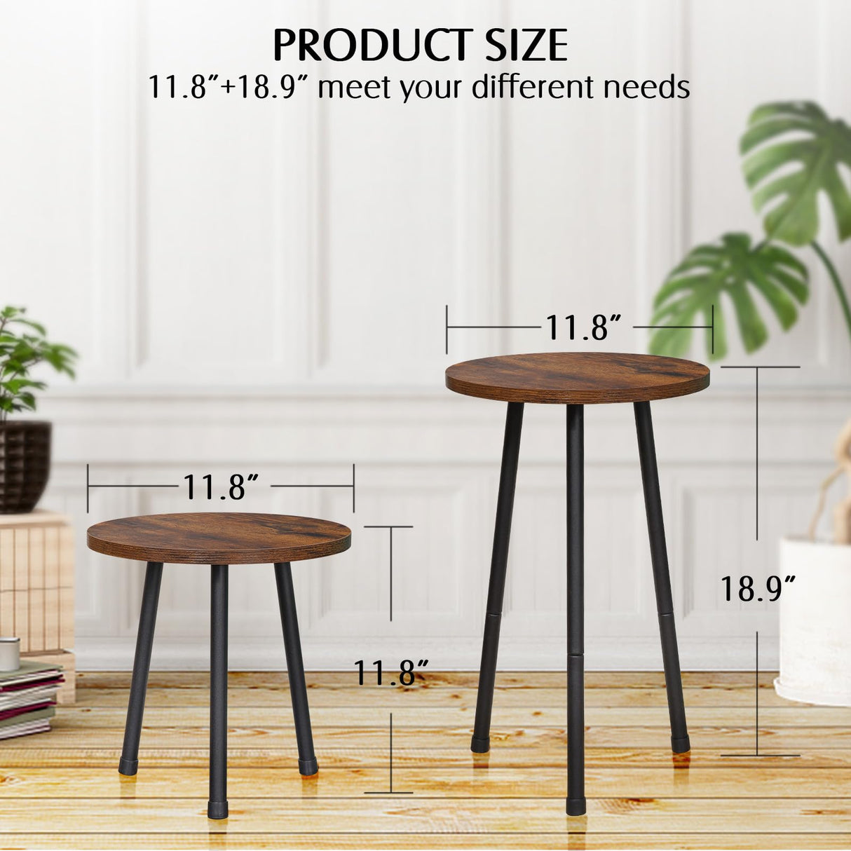 YENGOTH 2 Pack Indoor Plant Stand, Mid-Century Wooden Style Plant Holder, Indoor Outdoor Flower Stand,Small Round Table, Two Different Sizes(Black) YENGOTH