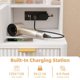 EROMMY 48" Fluted Makeup Vanity Desk with 36" Large Mirror and Lights, Big Vanity Table with 5 Drawers, 3 Storage Shelves and Charging Station, Modern Glass Top Dressing Table Set for Bedroom EROMMY