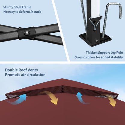 11'X11' Outdoor Gazebo, Pop Up Patio Gazebo with 4 Sidewalls Mosquito Netting, Heavy Duty Gazebo Canopy Tent with Double Air Roofs for Backyards, Patios, Decks, Gardens, Parks (Red)