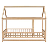 Bellemave Wooden Montessori Twin Size House Bed with Fence and Roof for Kids - Playhouse Frame in Natural Finish Bellemave